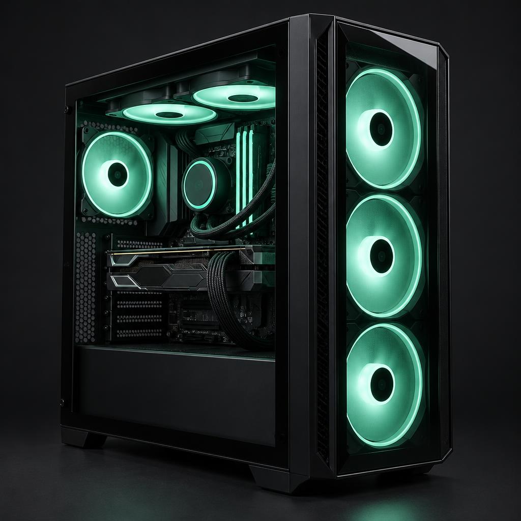 Illustrative mint-lit gaming desktop